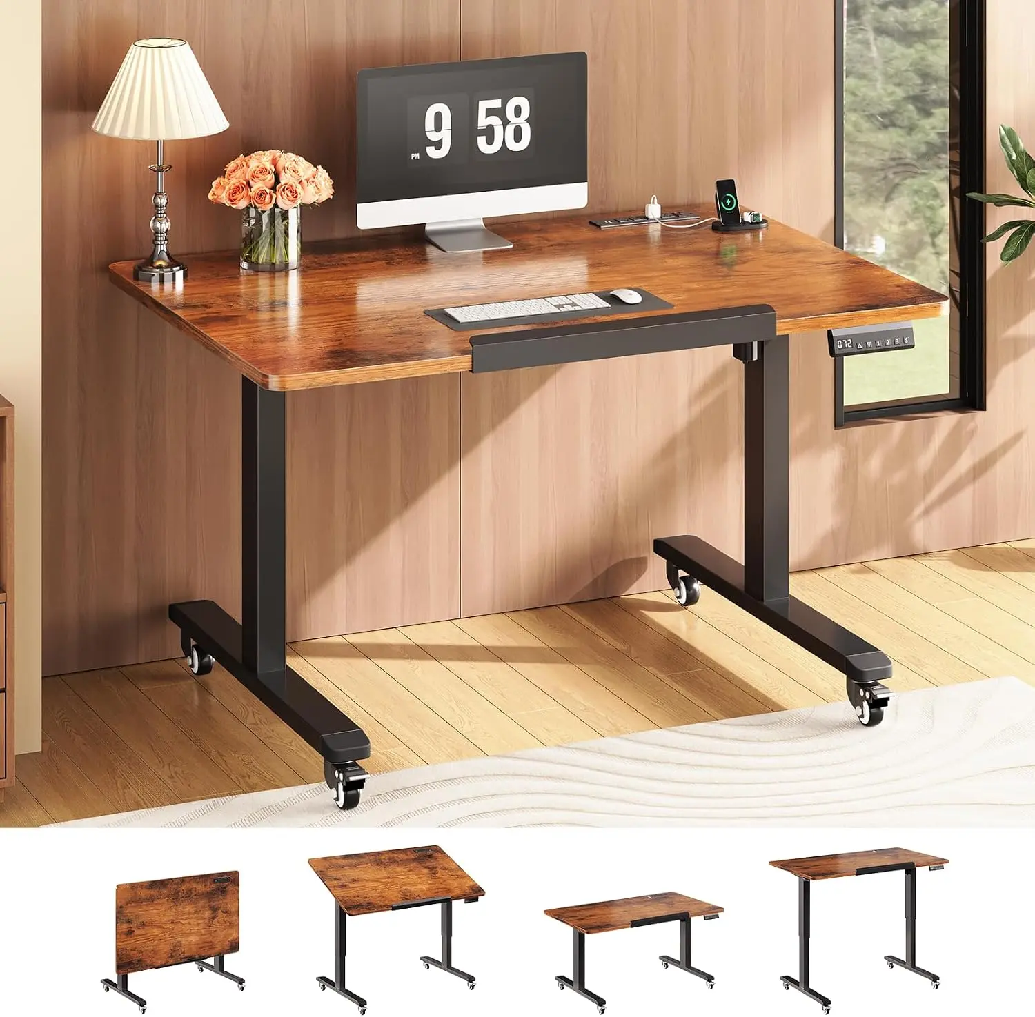 SEDETA 31.5 Inch Foldable Electric Standing Desk 180° Tiltable Mobile Rising Computer Desk Height Adjustable with Wheels for Drawing Writing Gaming