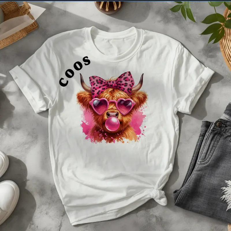 Coo Highland Cow DTF Transfer Sheets - Soft Finish, Cozy Office Stationery for Hoodies, Tote Bags, T-Shirts