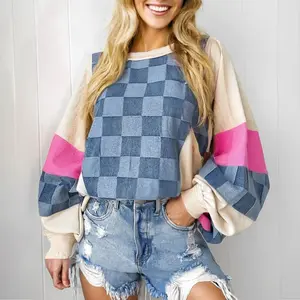 Women��s Color Block Denim Checkered Stitching Balloon Sleeve Drop Shoulder Baggy Sweatshirt