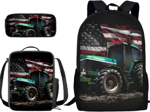 3-in-1 Rural Muddy Green Farm Tractor US Flag Backpack Set for Teens, Thick Waterproof Polyester Full Print, Ergonomic Shock-Absorbing Fit, School/Farm Work Birthday Gift Gym/Shoulder Bag