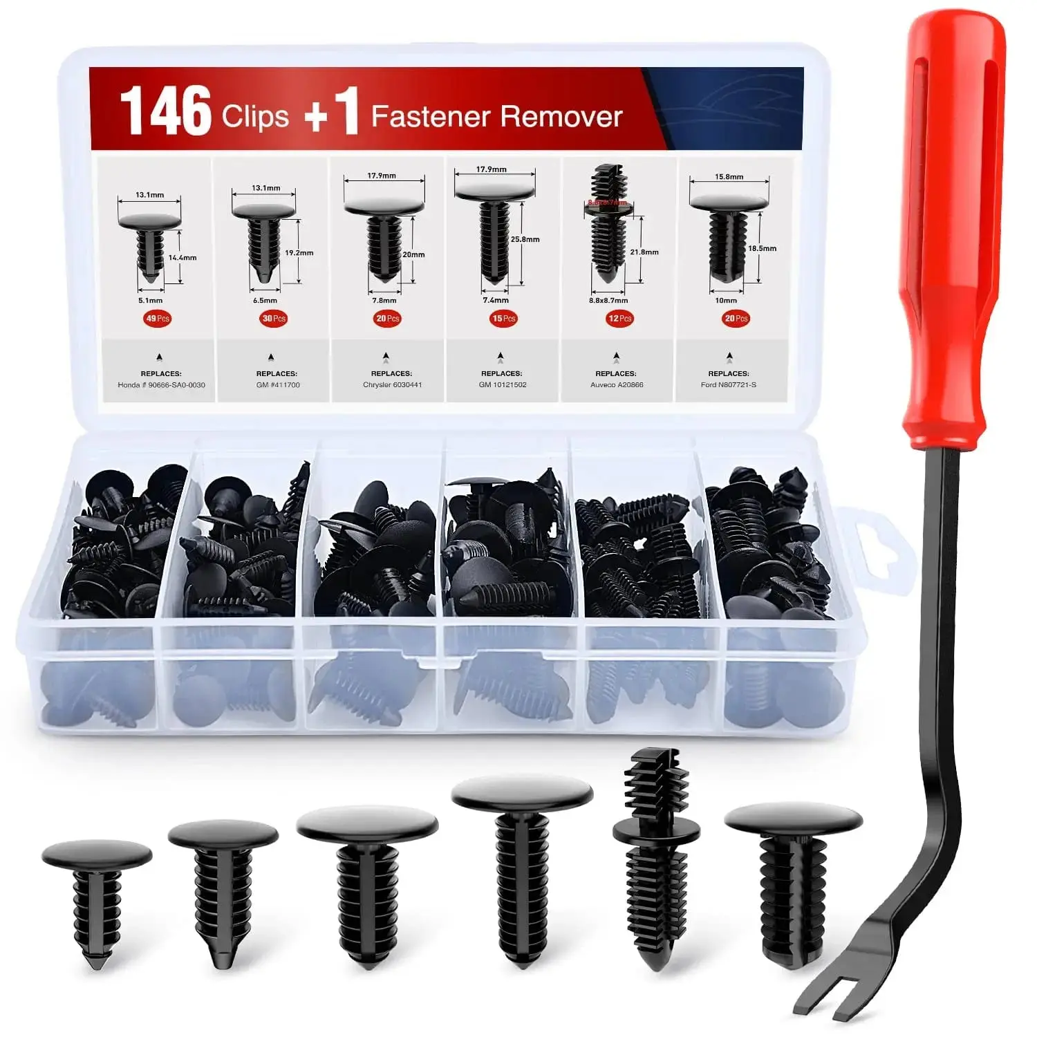 Nilight 147-Pcs Bumper Push Retainer Kit - Panel Removal Clamps Fasteners & Clips, 5mm-9mm/1/2in/13mm Sizes, High Abrasion Resistance Shield Retainers for GM Vehicles, 388577s Replacement Parts with High-Level Craftsmanship