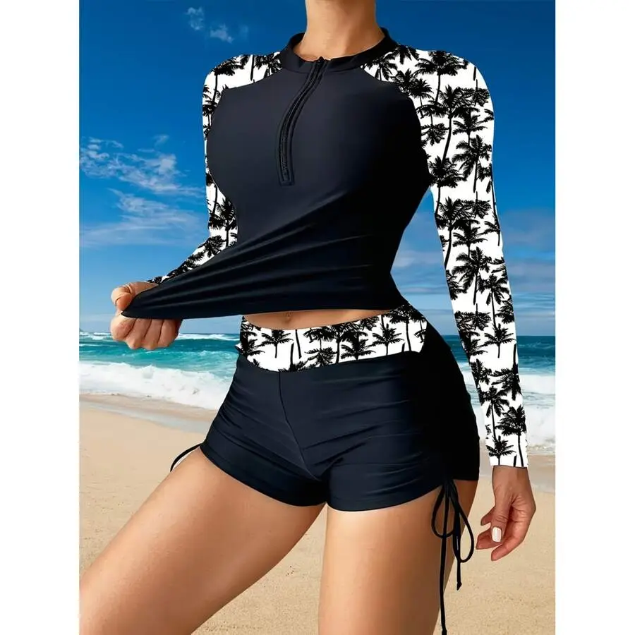 Women's 2-Piece Rash Guard Set, Surfer Style Tropical Palm Print Swim Shirt and Shorts, UPF 50+ Long Sleeve Sun Protection, Elastane, No, Female, Palm Island Graphic Women's Rashguard, Swim Cover-Up Women's Rashguard, Surfer Style Women's Rashguard