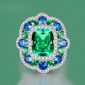 Luxury Vintage Style Statement Ring with Emerald Green and Sapphire Blue CZ, Halo Cushion Cut Engagement Ring for Women, Silver Plated Cocktail Jewelry