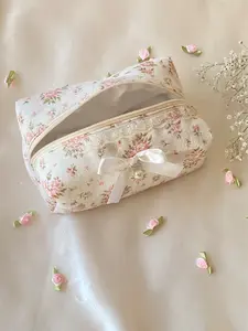 Elegant Lace Trim Makeup Bag, Flower Design with Bow, Spacious Women's Travel Cosmetic Bag, Ideal Gift for Vacation Trips, Cosmetic Pouch