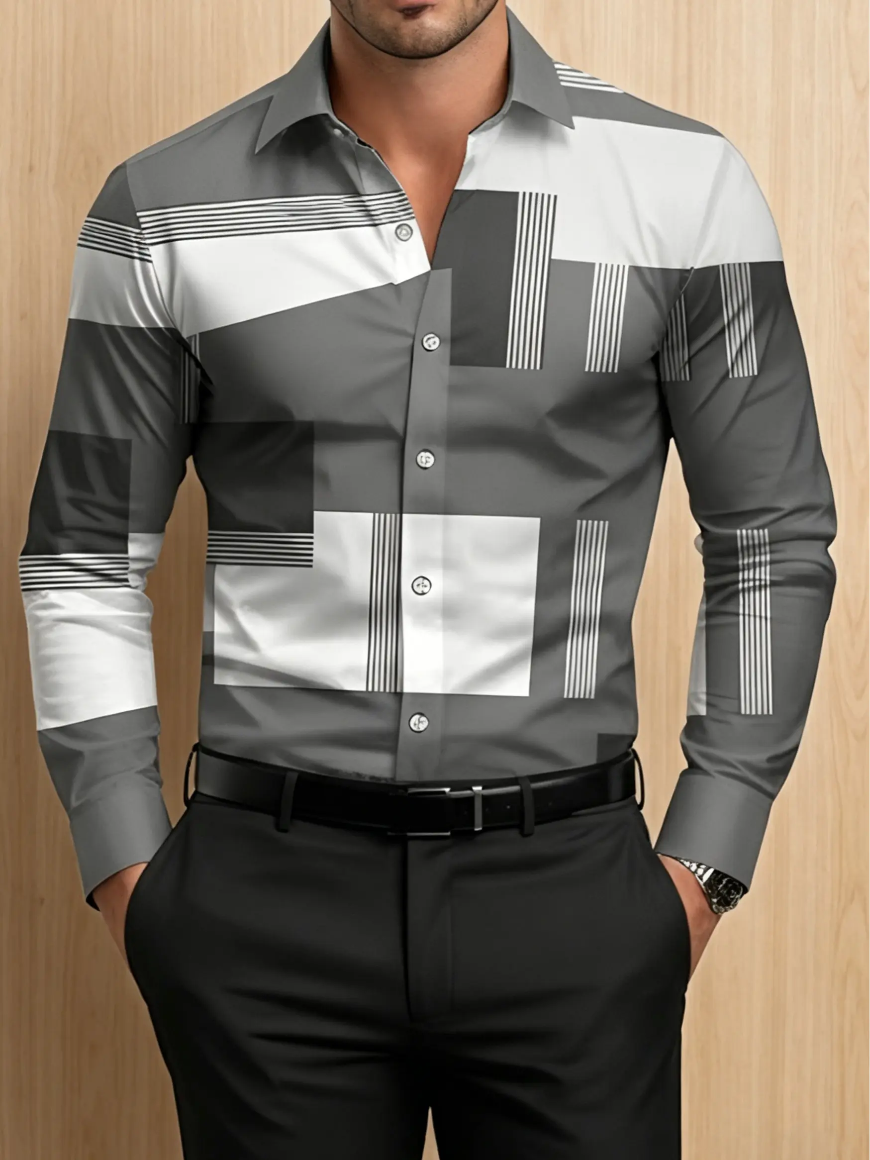 Men's Long-Sleeve Shirt — Rectangular 3D Print, Color-Block Design ...