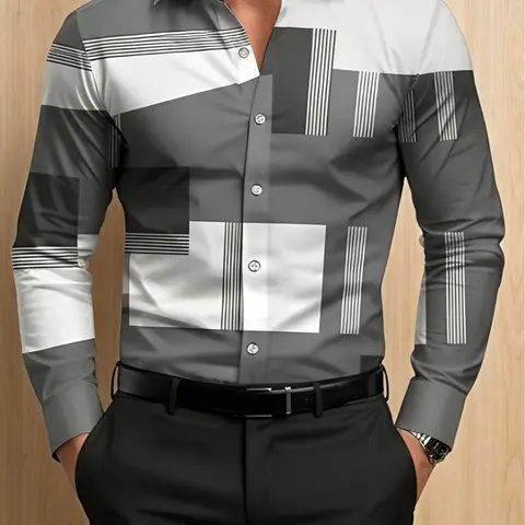 Men's Japanese Style Basic Chic Long-Sleeve Button-Down Shirt Top - Color-Block 3D Rectangular Geometric Print, 4-Way Stretched Fabric, Pocket, Modern Casual Business Wear (Check Size)
