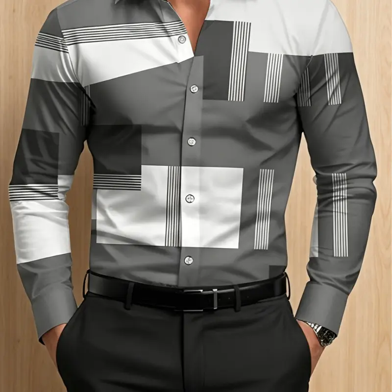 Men's Japanese Style Basic Chic Long-Sleeve Button-Down Shirt Top - Color-Block 3D Rectangular Geometric Print, 4-Way Stretched Fabric, Pocket, Modern Casual Business Wear (Check Size)
