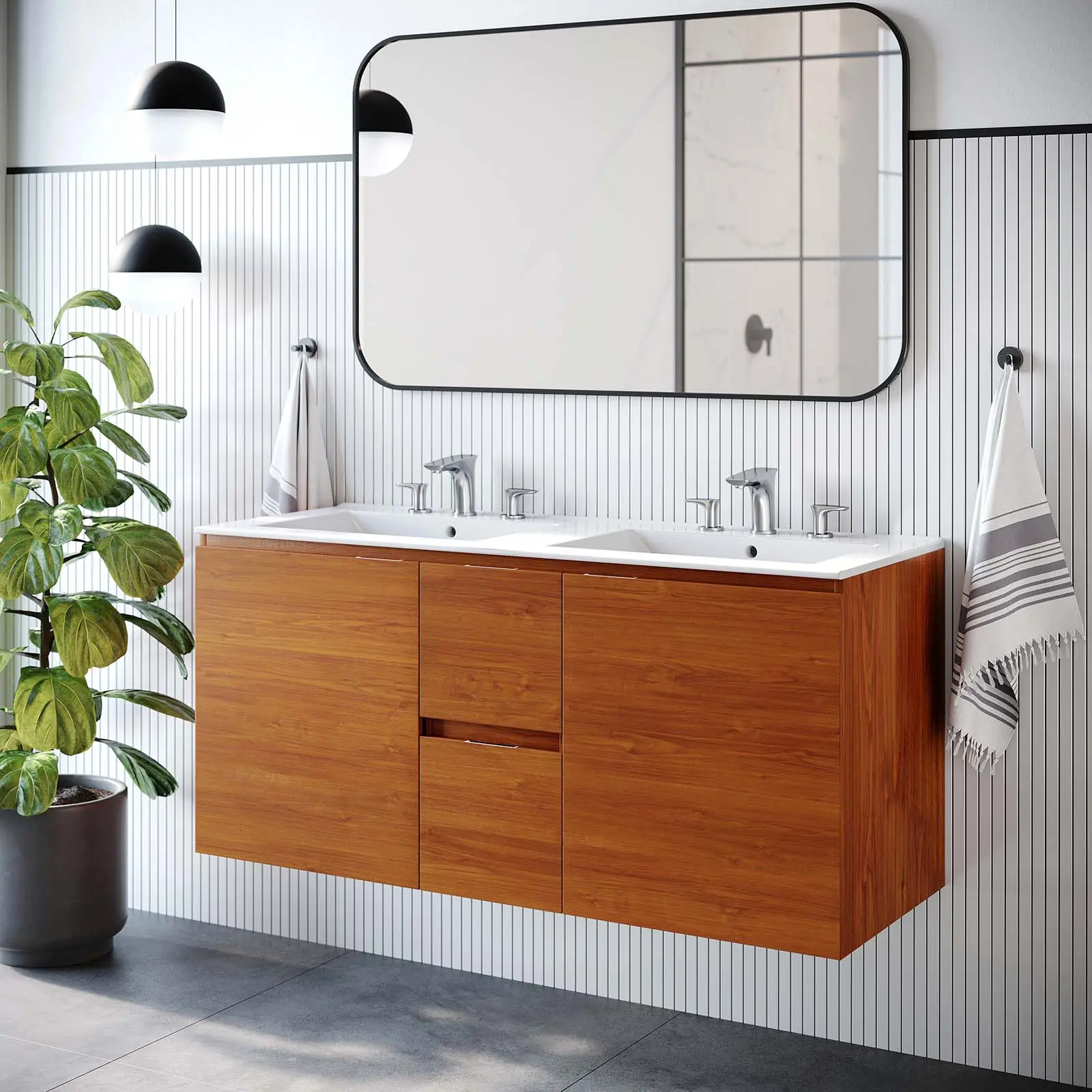 Modway Scenic 48" Double Wall-Mount Bathroom Vanity in Cherry White