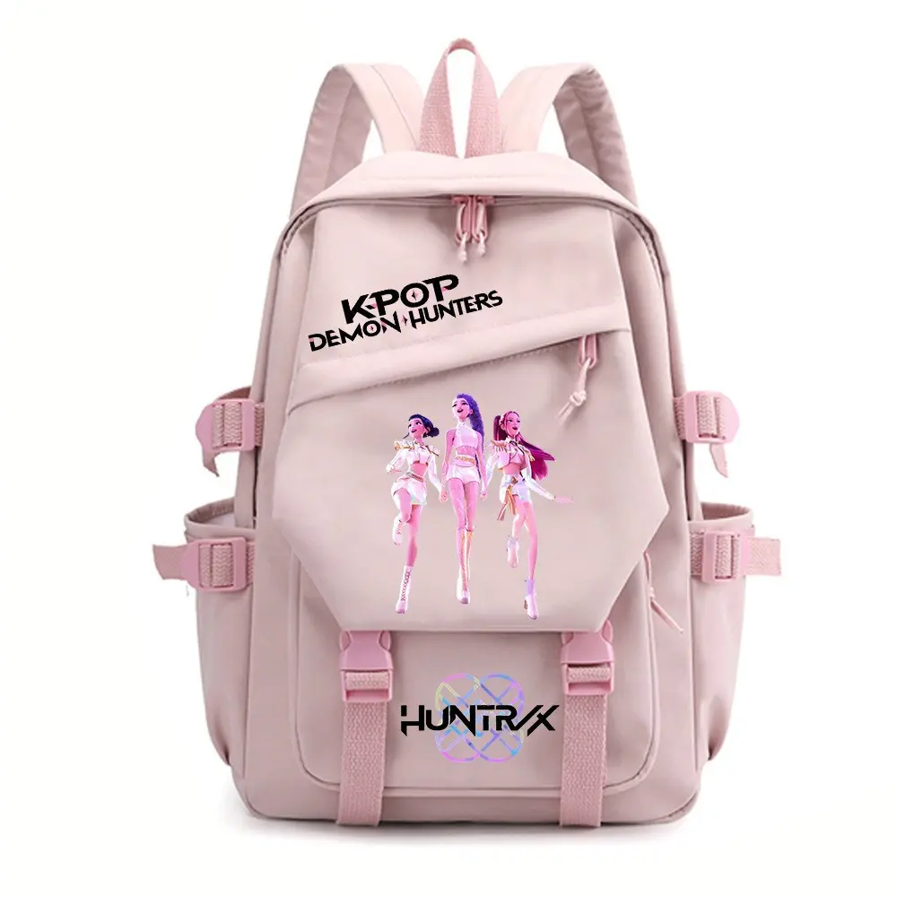 KPOP Demon Hunt Cartoon Character Print Backpack for Teen Boys Girls Men Women, Solid Pink Cargo Large Capacity Student School Backpack, Water Resistant Multi-Pocket Casual Daypack, Anime Movie Merch Shoulder Bag for Campus Travel Concert Daily