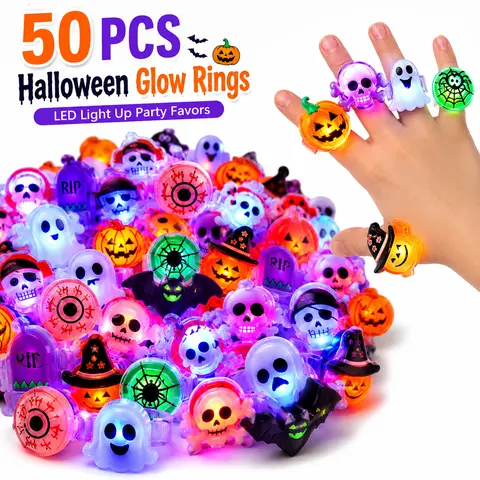 50PCS Halloween LED Light Up Rings for Kids, Flashing Glow Party Favor Toy Rings, Trick-or-Treat Bag Fillers, Classroom Prizes, Goody Bag Stuffers & Spooky Gifts