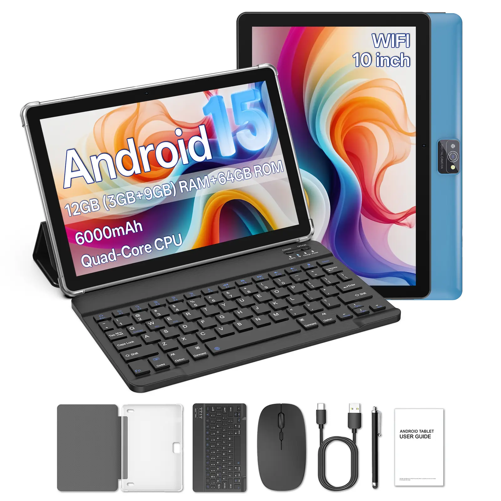 2026 10in Android 15 Tablet, 12(3+9)GB RAM 64GB ROM, 6000mAh Larger Battery, Type-C, Portable Device with Keyboard, Mouse, Case, Stylus, Dual Camera, Ideal for School, Work