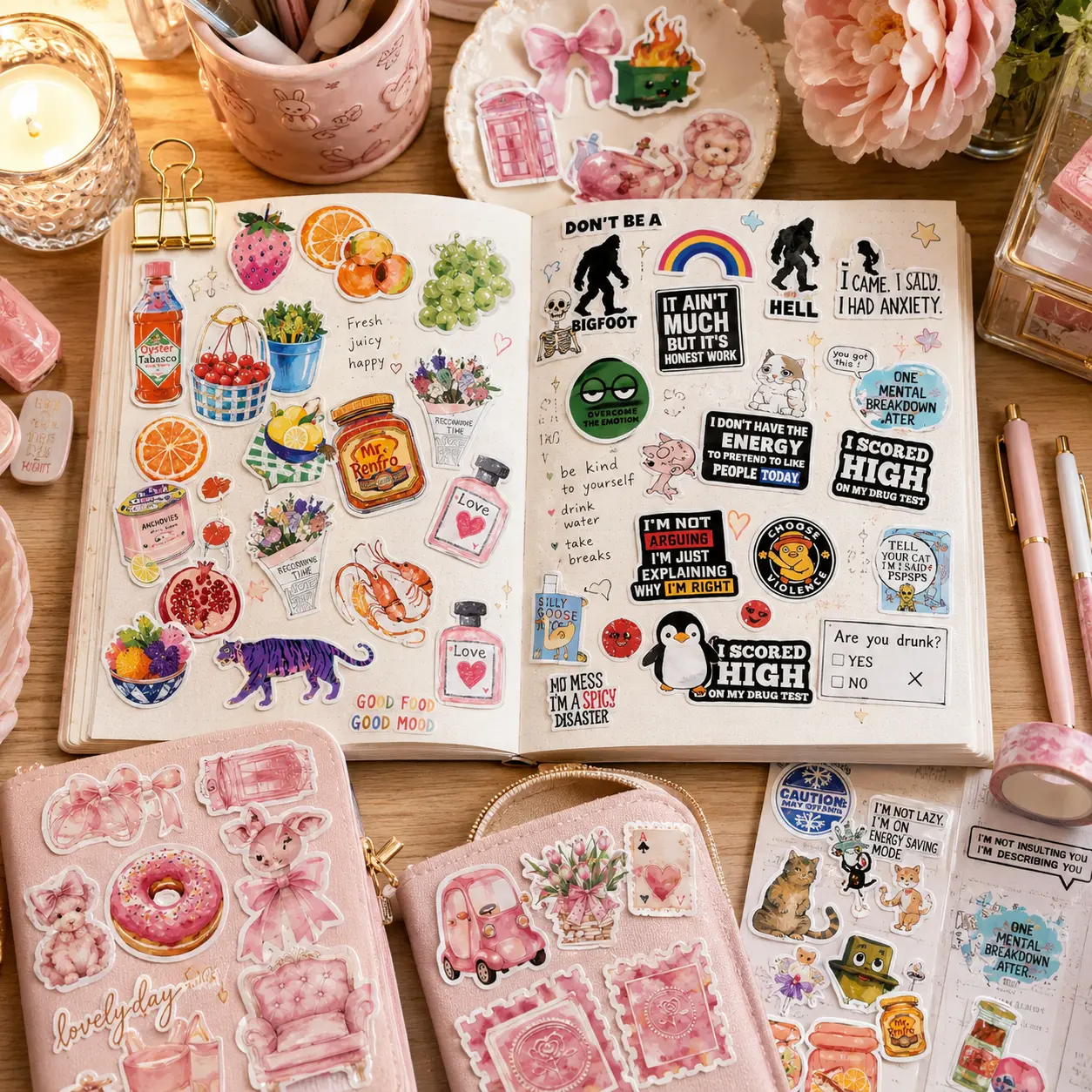 Mixed-style aesthetic sticker pack including toxic quotes, pink ballet theme, dark Y2K, and heart confession designs; waterproof vinyl stickers suitable for decorating water bottles, notebooks, and planners.