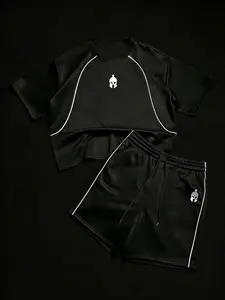 Men's Oversized 2-Piece Athletic Short Set - Spartan Helmet Emblem Crewneck Tee & Drawstring Shorts, Retro Y2K Streetwear Style, Moisture Wicking Activewear for Gym, Running, Casual Hangouts & Daily Wear, Stylish Matching Set for Fitness Enthusiasts & Str