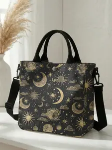 1 piece of star and moon starburst pattern 2D printed fashion crossbody bag, adjustable shoulder strap + snap closure | Student/Office worker/Going out | A street style essential that combines aesthetic appeal and practicality