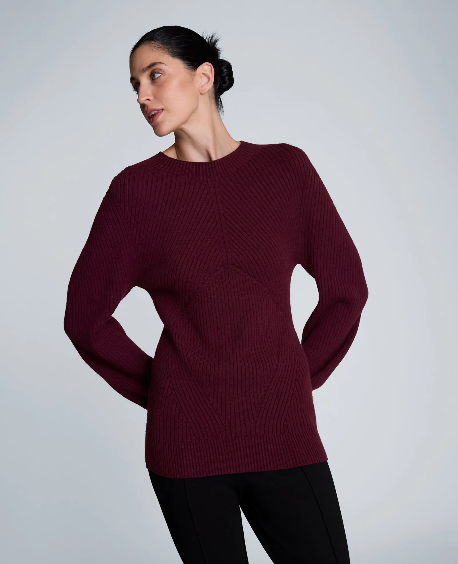 Mock Neck Seamless Traveling Ribbed Sweater