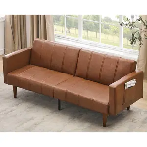 75" Futon Sofa Bed for Small Spaces 🛋️ Mid-Century Modern PU Leather Couch | Adjustable Backrest Converts to Sleeper | Hidden Side Pockets for Remote & Phone | Compact Loveseat for Apartment Living Room
