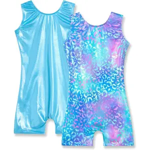 KF5-GCS027   2 Packs Gymnastics Leotard for Girls Sparkle Biketards with Shorts Kids Sleeveless Unitard One-Piece Dancewear