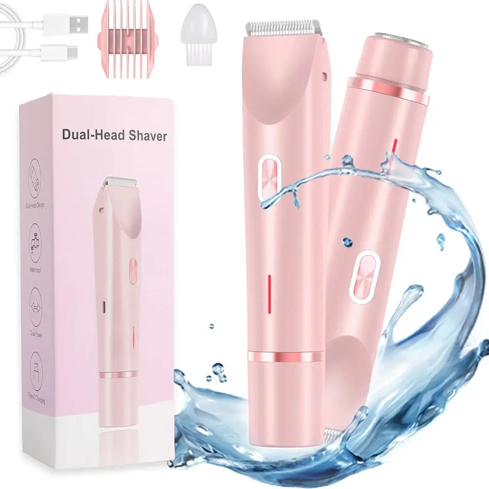 Dual-Head Electric Shaver for Women, Painless Hair Remover for Face & Bikini Line, Lightweight IPX7 Waterproof Wireless Body Trimmer for Wet & Dry Use, Showerproof Body Trimmer, Travel Trimmer