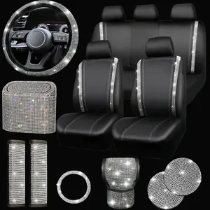 PU Leather Universal Fit Car Seat Covers Set with Sparkly Rhinestone Steering Wheel Cover Seat Belt Cushion Shift Knob Cover Push Start Button Ring Easy Machine Wash All Season Protection Car Accessories Women Car Decor