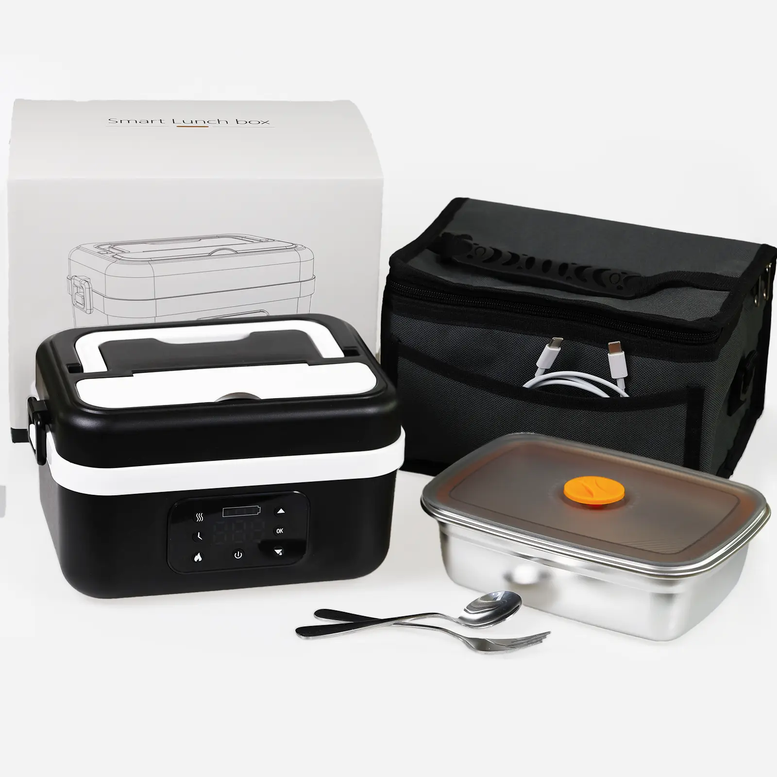 Wireless Heated Lunch Box 1.1L, Upgraded Button Control Electric Lunch Box, 5-Side Fast Heating Food Warmer, Portable Rechargeable Lunch Box with Phone Charging, Insulated Bag, Spoon & Fork