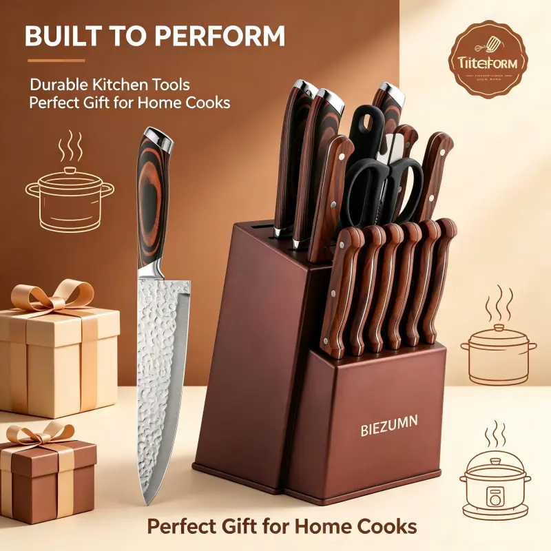 15-piece brown stainless steel hammer-textured kitchen knife set with block - Ultra-sharp hammer-style knife set, kitchen tools, chef knives, dishwasher safe, recommended as a gift for home chefs, local warehouse delivery