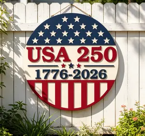 Independence Day Wreath 250 Anniversary 4th of July Door Sign Patriotic Decorations 1776-2026 America 250th Anniversary Wooden Sign Patriotic Independence Day Wreath for Front Door Home Porch Outdoor Decor