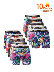 10-Pack Long Men's Boxer Briefs, Trendy Graffiti Print, Soft High-Elastic Waist, Youthful Four-Way Stretch Underwear, Boxing Shorts
