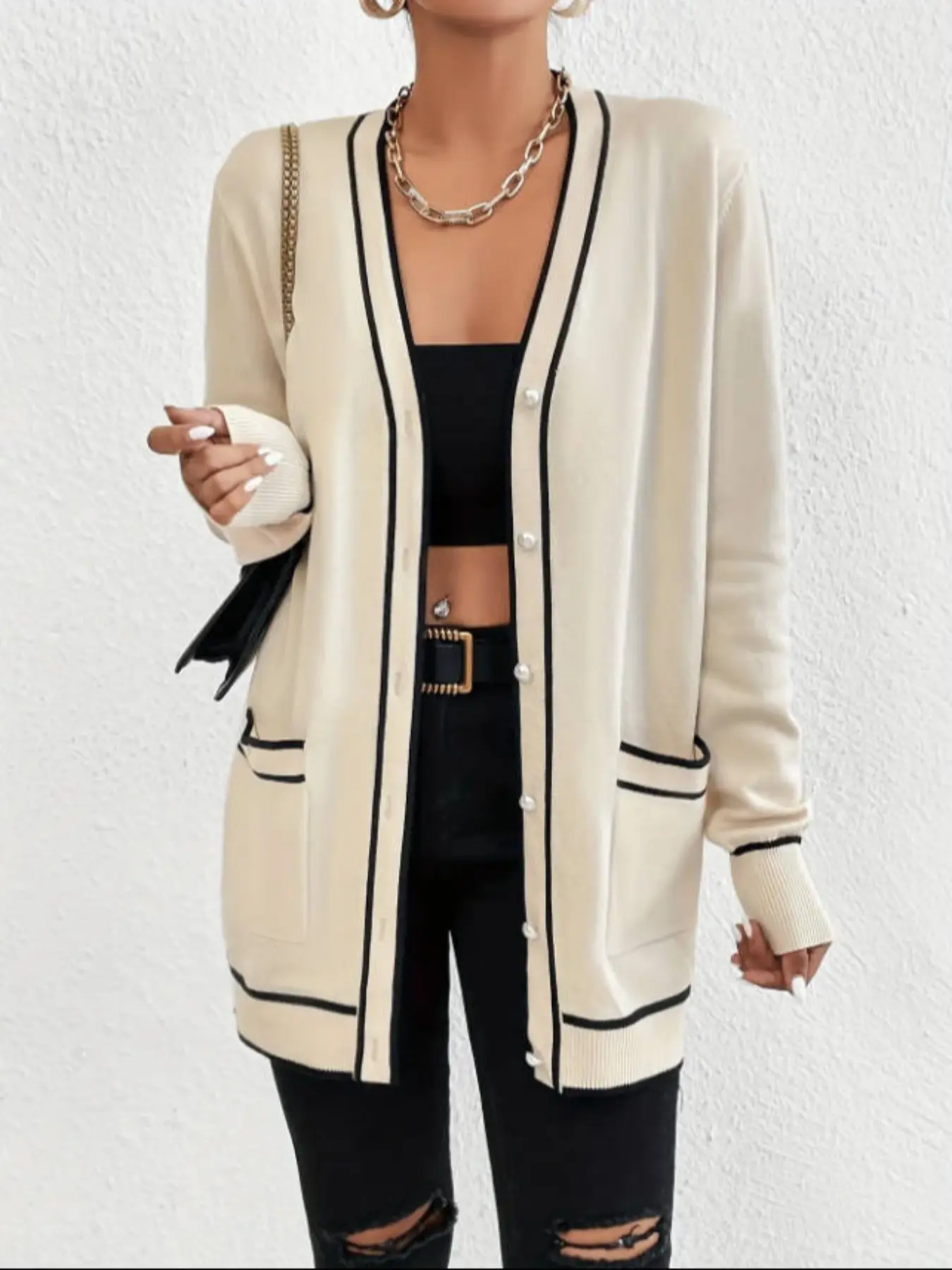 Women's Colorblock V-Neck Cardigan Sweater, Button-Front Knit Jacket with Pockets, Loose Fit Casual Vintage Spring & Fall Outerwear Knitwear Womenswear