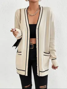 Women's Colorblock V-Neck Cardigan Sweater, Button-Front Knit Jacket with Pockets, Loose Fit Casual Spring & Fall Outerwear Knitwear Womenswear