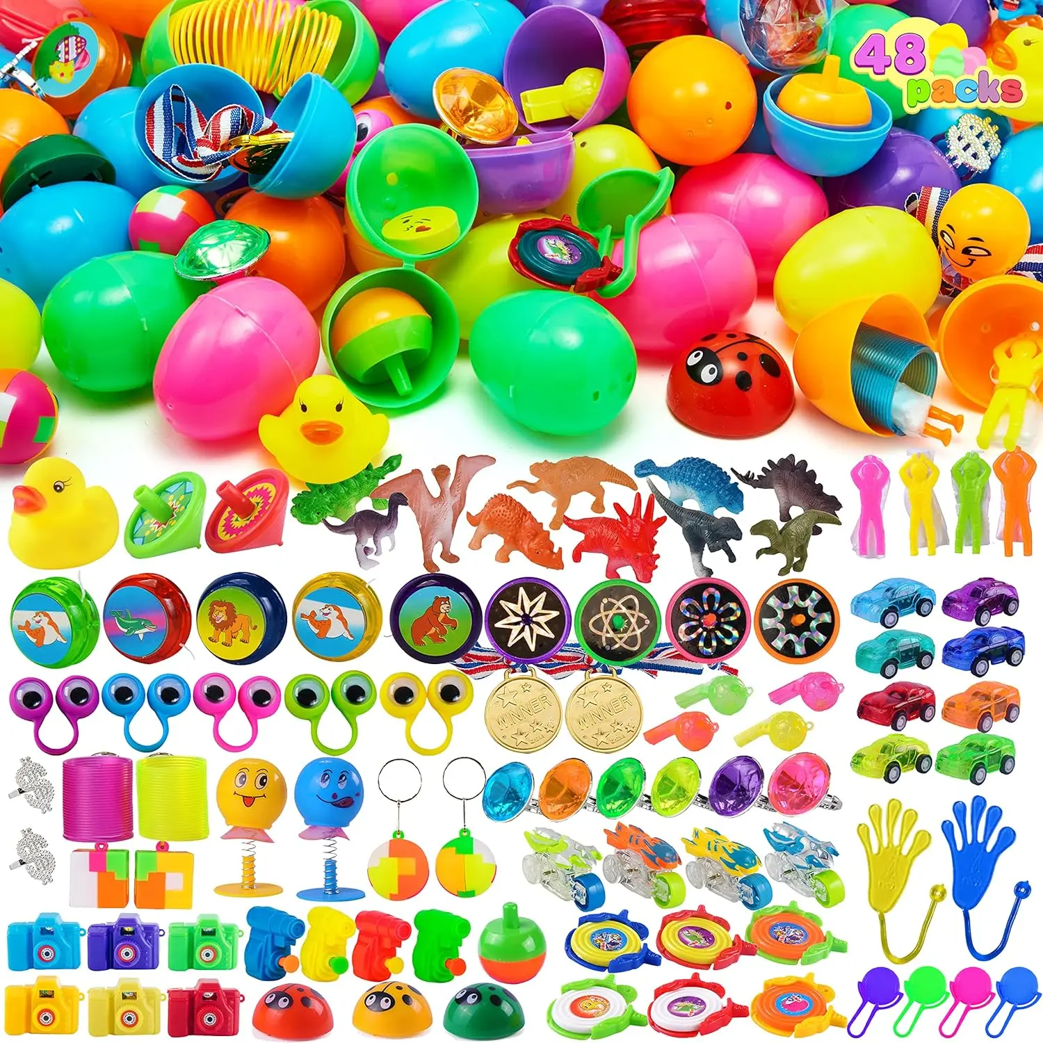48Pcs Easter Eggs with Toys Inside, Prefilled Easter Eggs with Popular Assorted Toys for Kids Boys Girls, Basket Stuffers Filler, Party Favors, Classroom Exchange