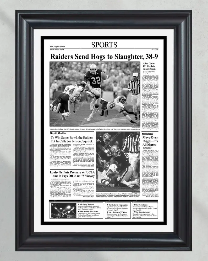 1984 Los Angeles Raiders Super Bowl XVIII Champions No Frame Front Page Newspaper Print