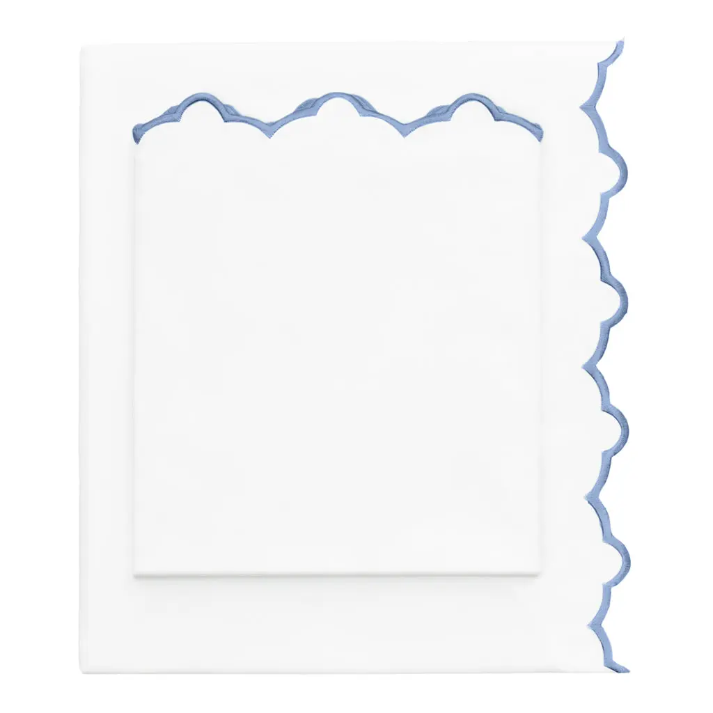Coastal Blue Scalloped Embroidered Sheet Set (Fitted, Flat, & Pillow Cases)