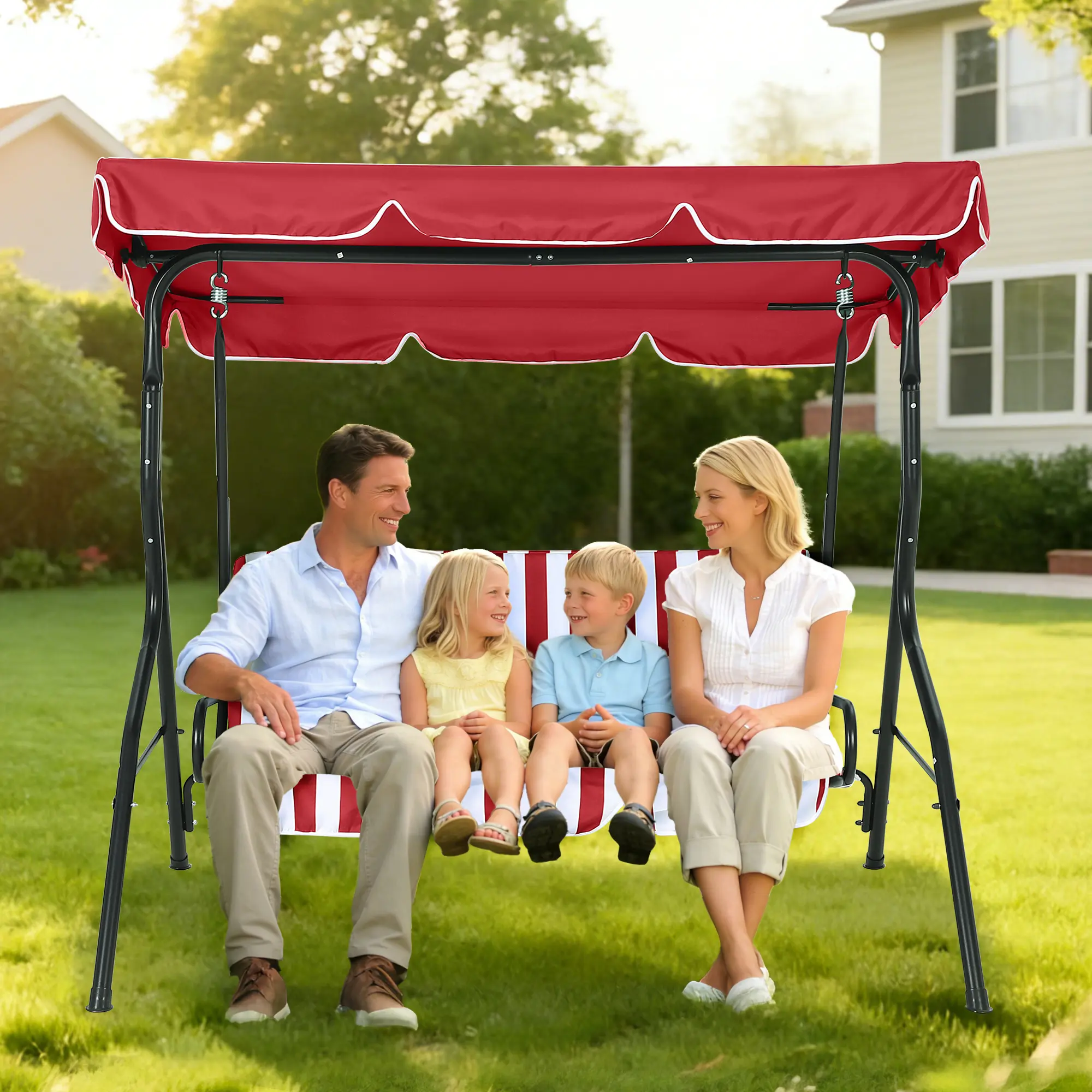 3-Seat Outdoor Patio Porch Swing with Stand, Adjustable Canopy & Thick Waterproof Cushions, Patio Glider Bench with Thick Cushions Steel Frame Outdoor Swing Chair for Backyard Lawn Garden