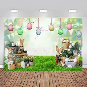Easter Themed Party Decoration Backdrop, 1 Count Colorful Easter Eggs & Rabbit Pattern Backdrop, Party Decoration Supplies for Home Living Room Bedroom, Banners