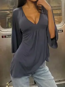 Elegant Deep V Neck Top for Mature Women, Casual Loose-Fit Long Sleeve T-Shirt, Spring & Fall Fashion, Moderate Fabric, Casual Blouses, Womenswear Color