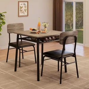 Garvee Small Dining Set for 2, Space Saving Kitchen Table with Storage Rack & 2 Padded Chairs, Modern Industrial Bistro Breakfast Nook Set for Dining Room Apartment, Grey