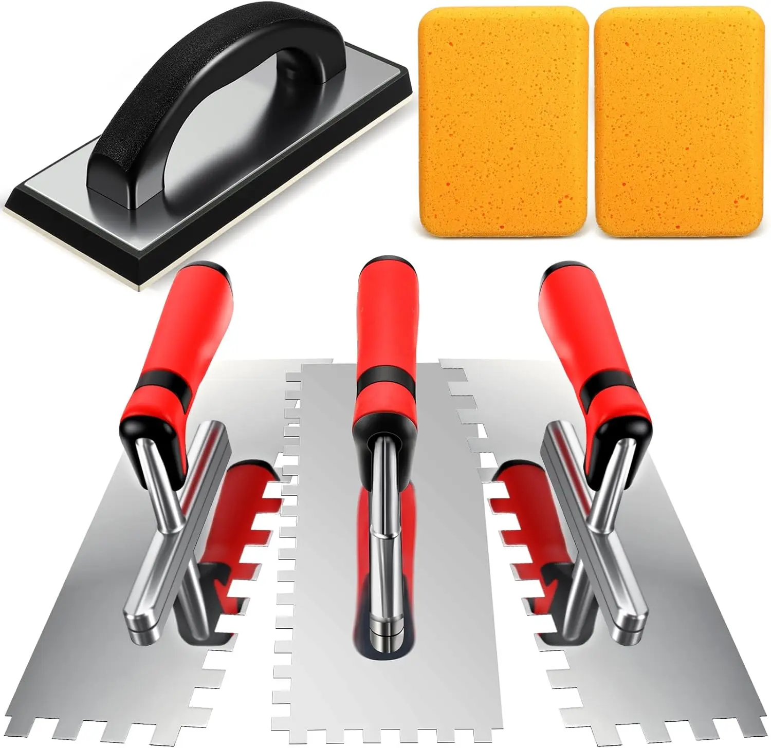 6 count Tile Tools Set Include 3 count Stainless Steel Square Notch Trowel, 1 Rubber Grout Float and 2 Grout Sponge for Wall Floor Tiling Installation Grouting