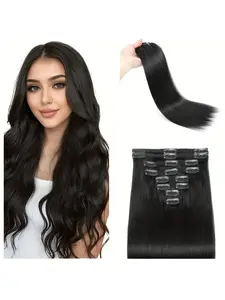 8Pcs Brazilian Virgin Hair Clip Ins! 18 Clips Ultra Secure 4.23 Oz Natural Black Straight (14-28 Inch) - Silky No Tangle, Healthy Ends, Keratin Tech for Women Straight Hair Extensions