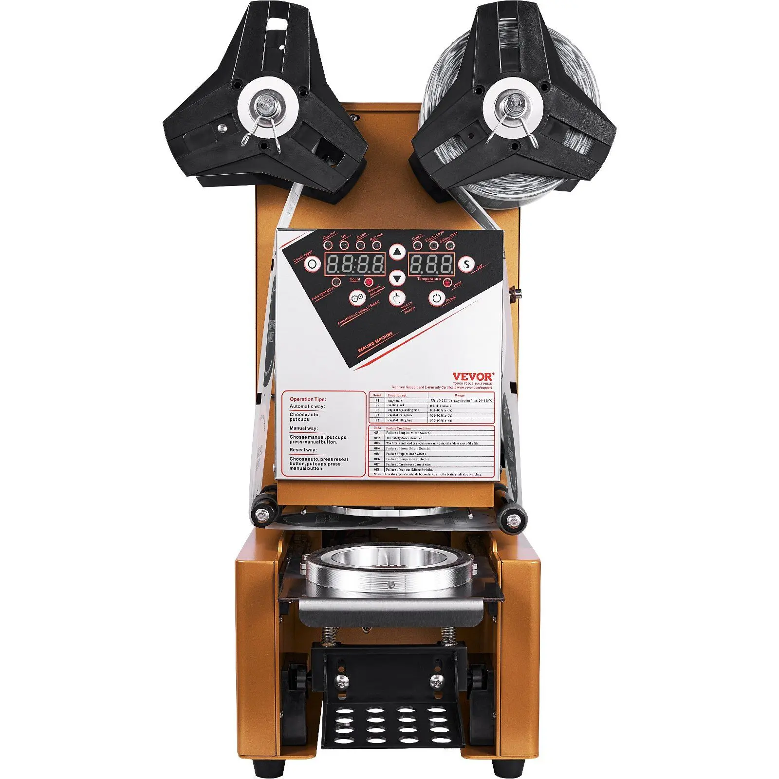 VEVOR Fully Automatic Cup Sealing Machine, 500-650 Cups/H, Cup Sealer Machine for 190 mm Tall & 90/95 mm Cup, Electric Boba Tea Sealer with Digital Control LCD Panel for Bubble Milk Tea Coffee, Gold