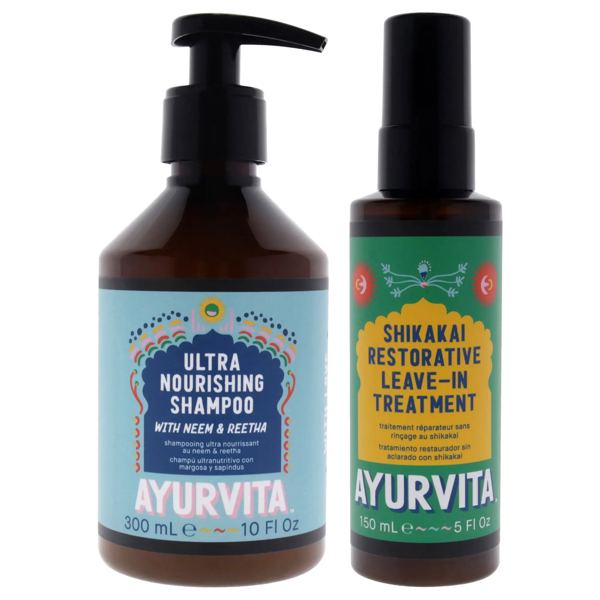 Neem and Reetha Ultra Nourishing Moisture Repair Shampoo & Conditioner with Shikakai Restorative Leave In Treatment Kit by AyurVita for Unisex - 2 Pc Kit 10oz Shampoo, 5oz Treatment Moisturizing Anti-Frizz  Cream