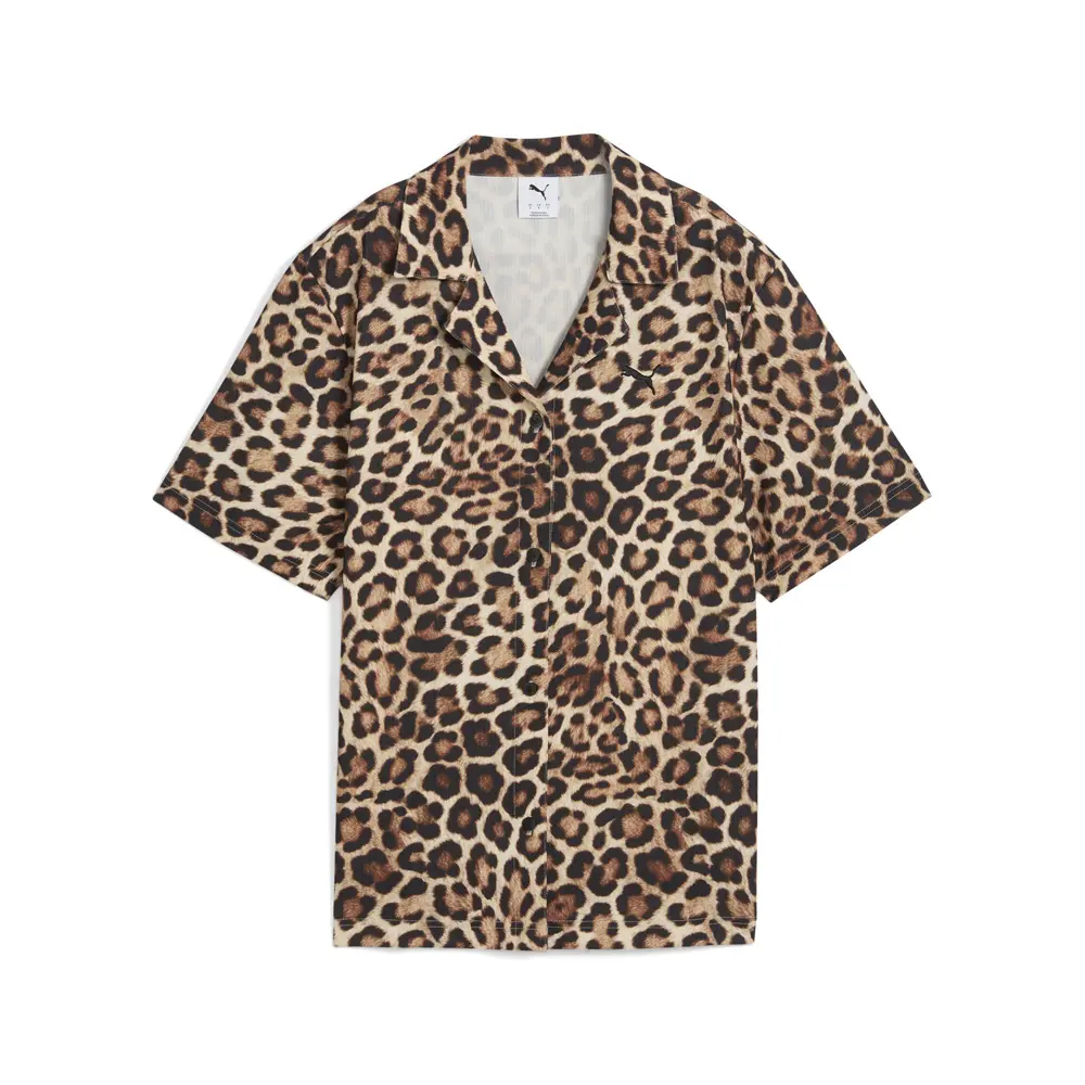 PUMA Womens Leo Luxe Relaxed Leopard Collared Short Sleeve Button Up Casual Tops Casual - Brown