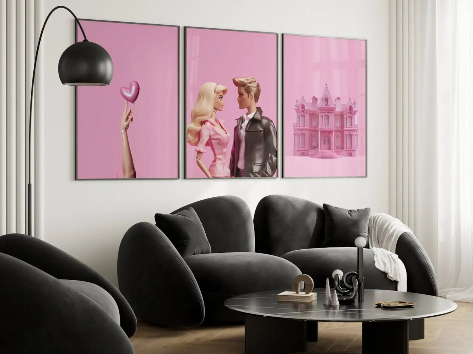Retro Pink Doll House Art Set, Y2K Glam Prints, Plastic Doll Couple Poster, Hot Pink Preppy Decor, Fashion Wall Art, College Girl Gift Print