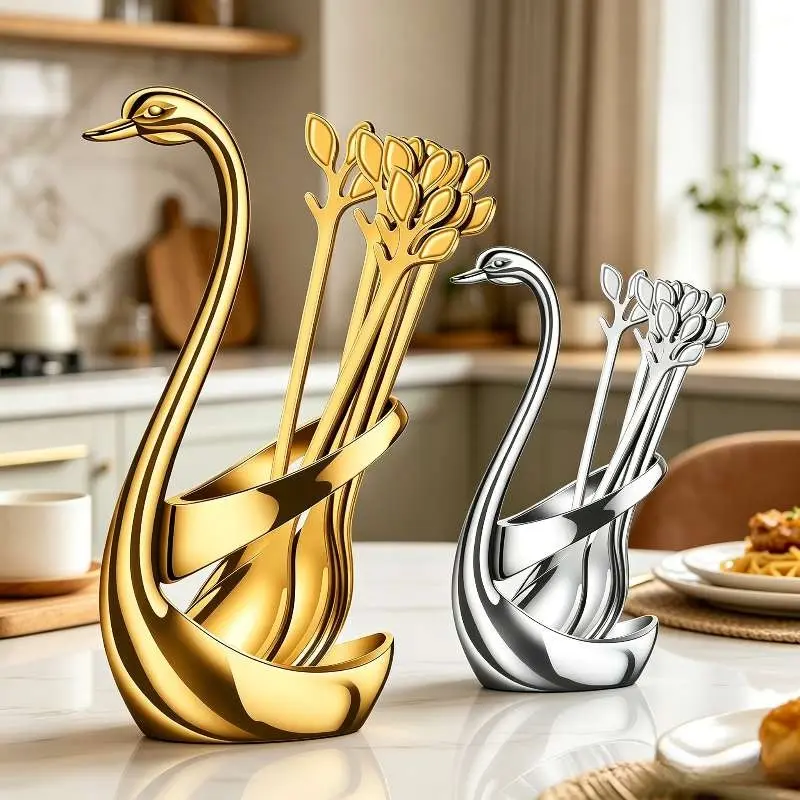 10-Pcs Stainless Steel Mini Espresso Spoons Set with Swan Base Holder - 4.7" Leaf-Shaped Cutlery for Coffee, Dessert - Women's Home Cafe Kitchen Gift TikTok Trending Utensil