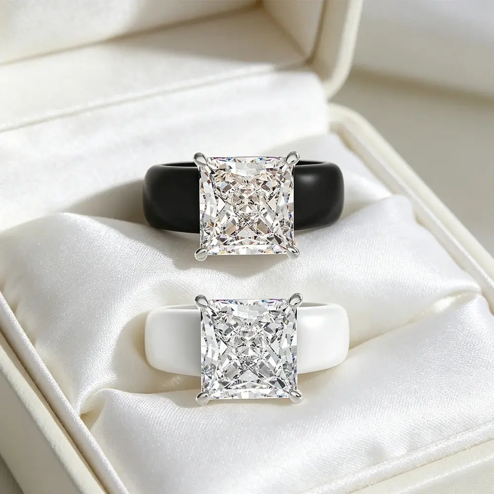 Princess Cut CZ Zircon Solitaire Ring Black White Ceramic Band 4 Prong Setting Fashion Women Engagement Promise Ring Jewelry Gif