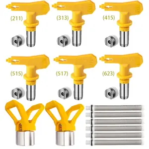 14 piece airless spray painting machine package: 6 yellow nozzles with gaskets (211 313 415 515 517 623)+2 bases+6 filters, airless spray painting gun nozzle set, suitable for contractors' home building garden deck painting, latex paint spraying