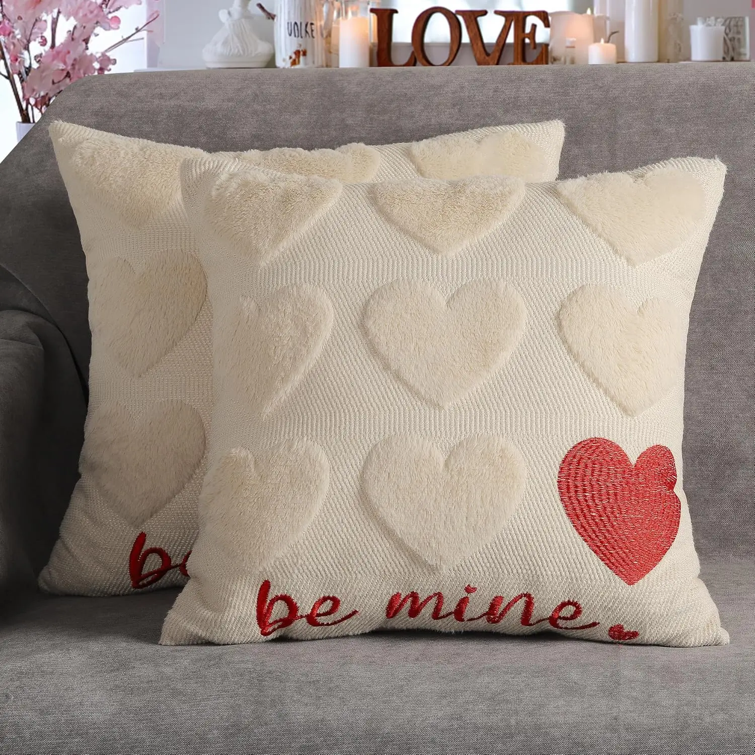 Valentine's Day Decorative Pillow Covers 18x18 inch Set of 2, Beige Soft Plush Faux Fur Farmhouse Throw Cushion Cases for Spring Holiday Home Decor