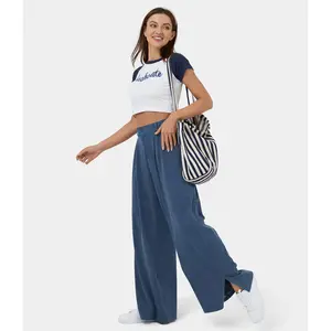 Halara  High Waisted Button Zipper Plicated Side Pocket Split Hem Wide Leg Casual Pants