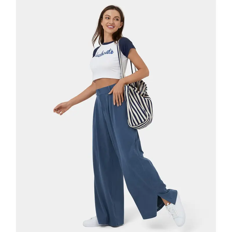 Halara High Waisted Button Zipper Plicated Side Pocket Split Hem Wide Leg Casual Pants