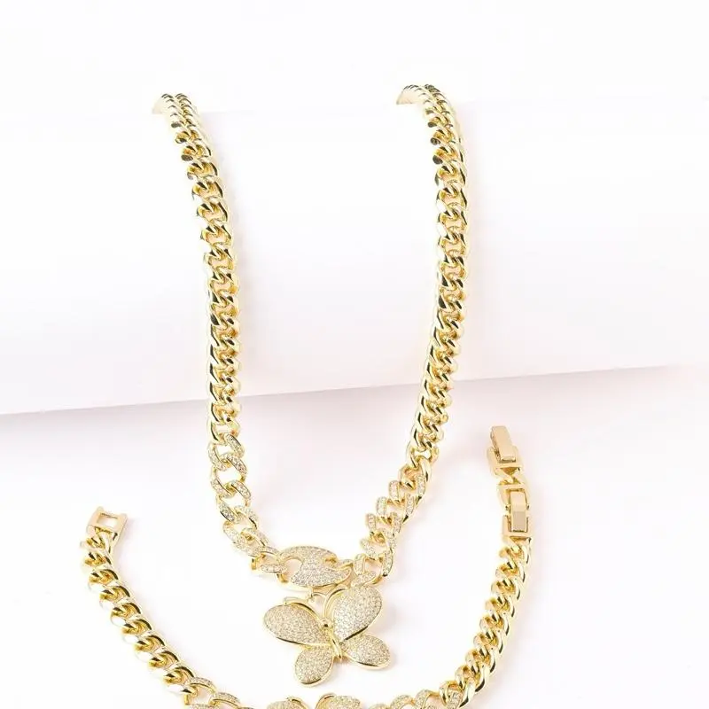 14K Laminated Cuban Butterfly Collar & Bracelet Set with Pavé Shine 16" + 2" Extension / 7" Bracelet + Extension