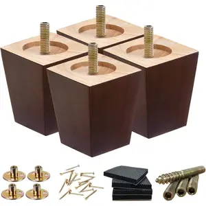 Wood Furniture Legs 3 Inch Set of 4, Square Brown Couch Legs Replacement, Mid Century Modern Sofa Legs with Anti Slip Couch Feet Pads for Dresser, Recliner and Coffee Table
